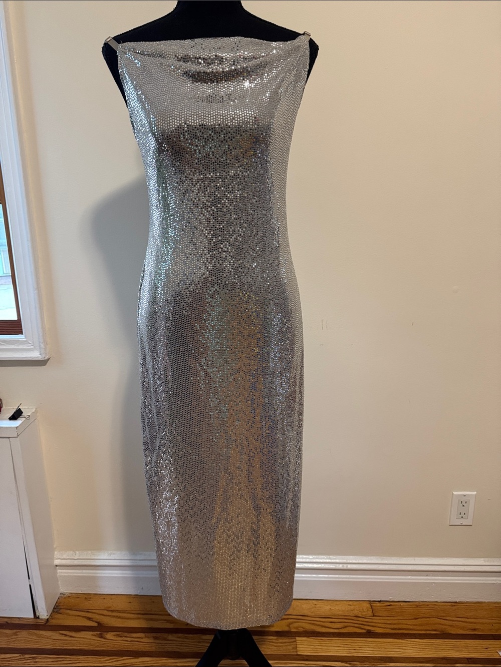 bebe Silver Strapless Sequin Column Dress